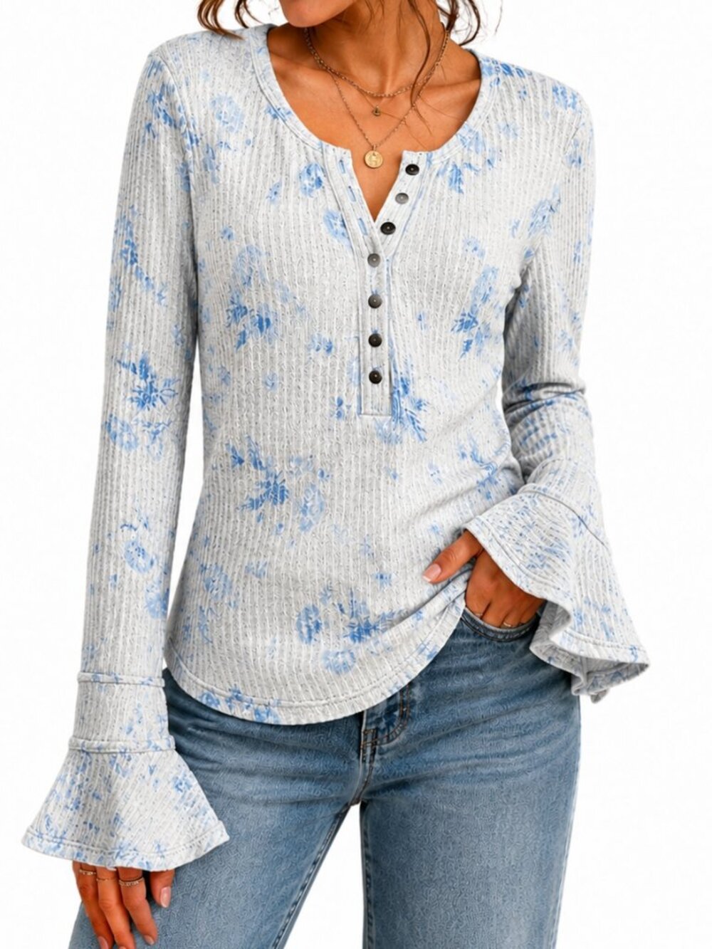 Free People Ribbed Floral Bell Sleeve Henley Boho Cottagecore L